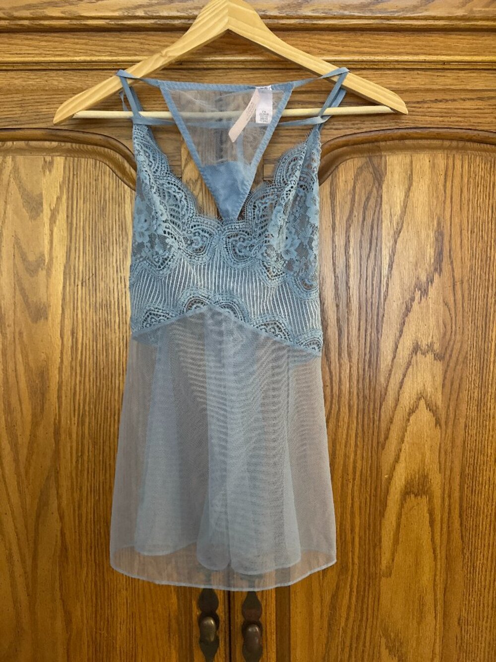 Victoria's Secret Sheer Lace Chemise and Thong Set in Dusty Blue